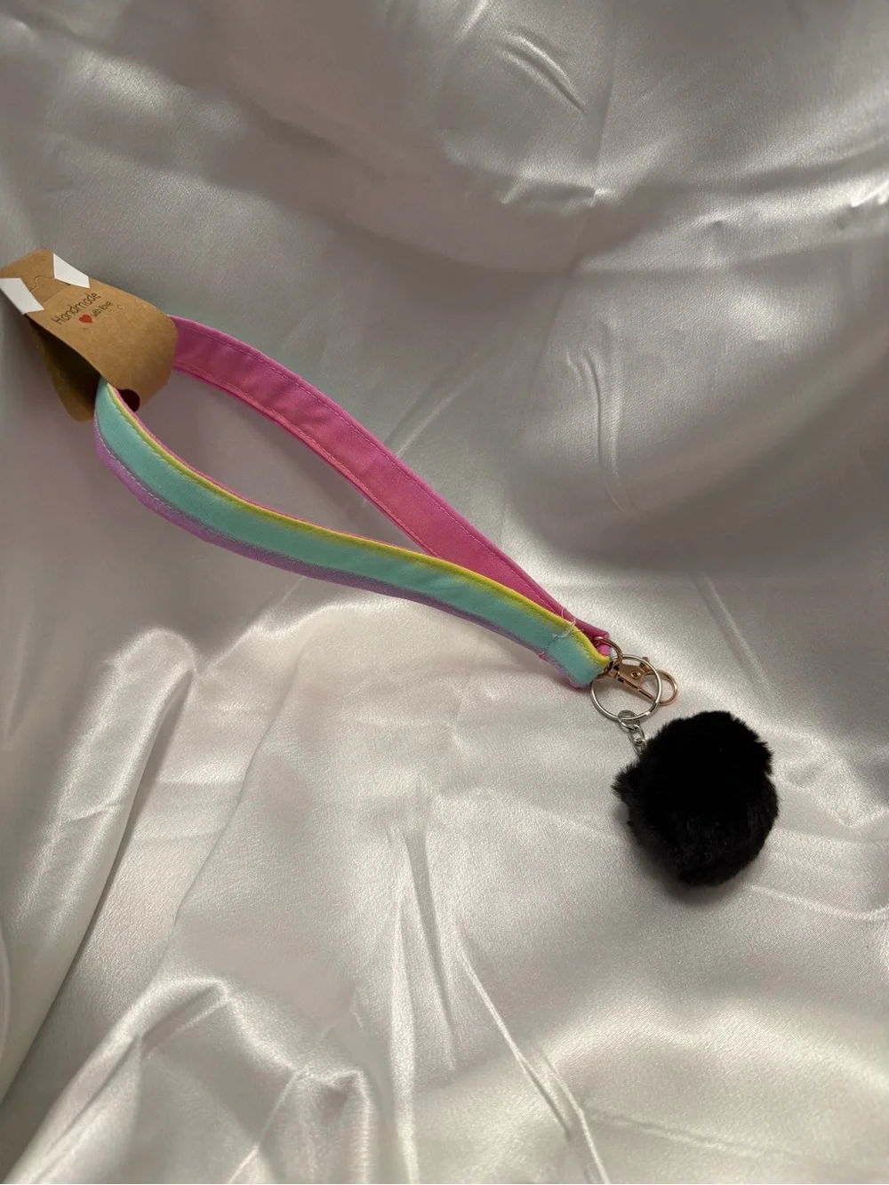 Handmade Rainbow Wristlet Keychain with Black Pompom